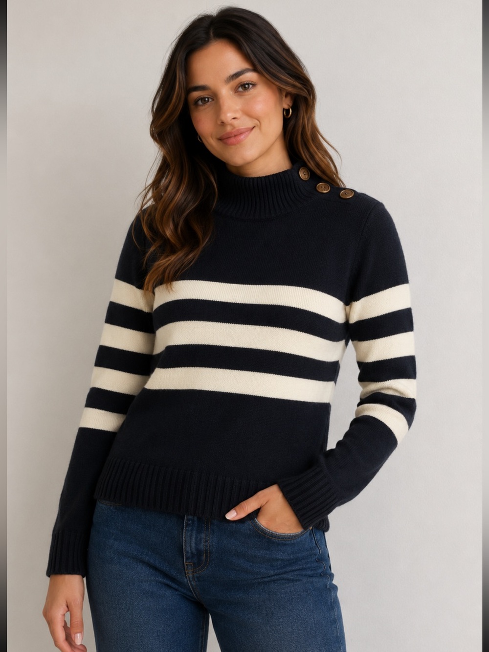 Candace Cameron Bure Navy and White Striped Turtleneck Sweater - XXS